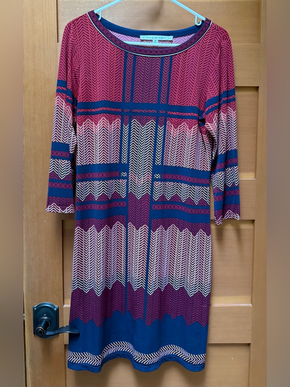 Max Studio Red and Navy Patterned Long Sleeve Knit Dress